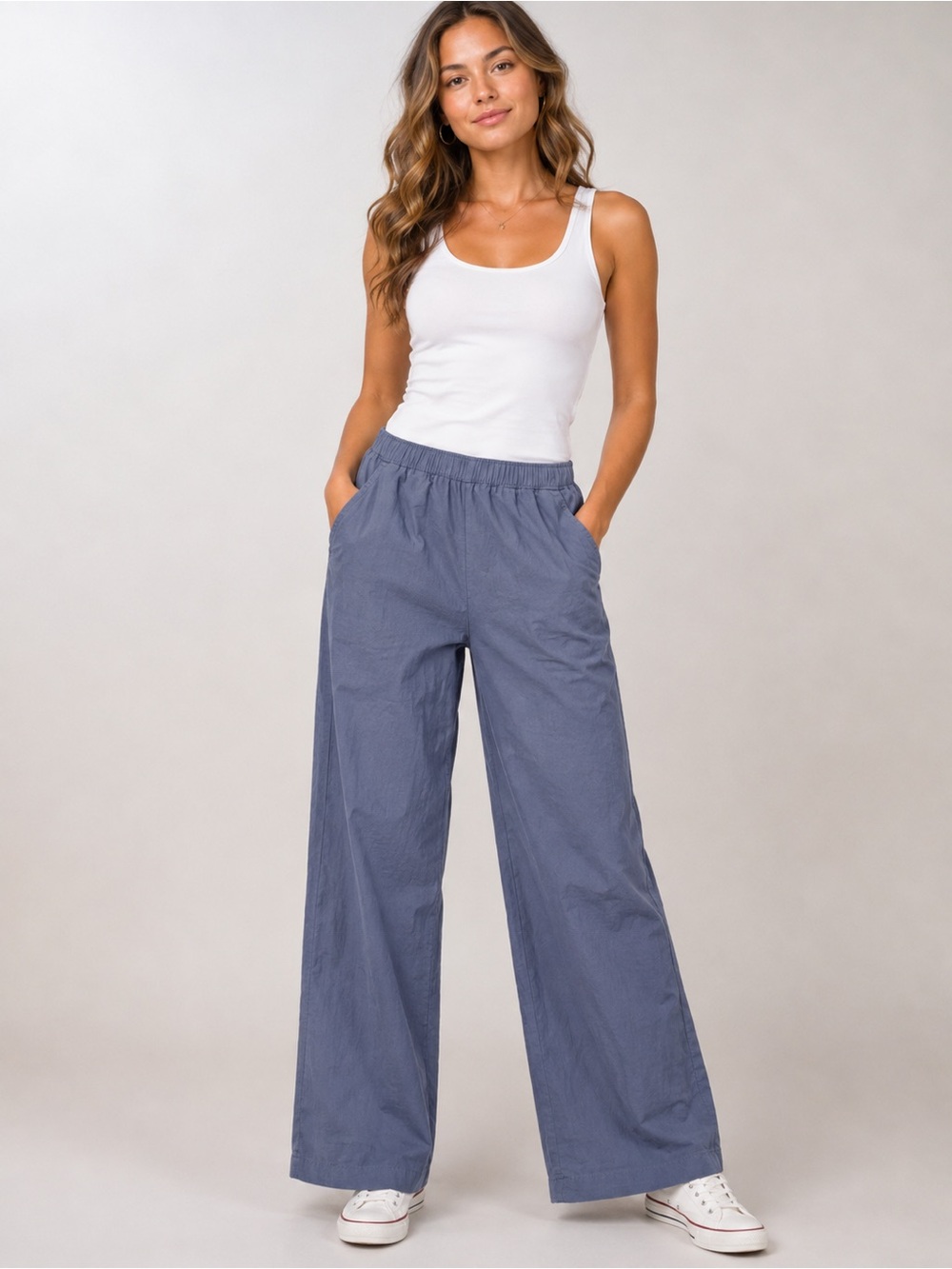 Relaxed Linen Wide-Leg Women's Pants in Slate Blue